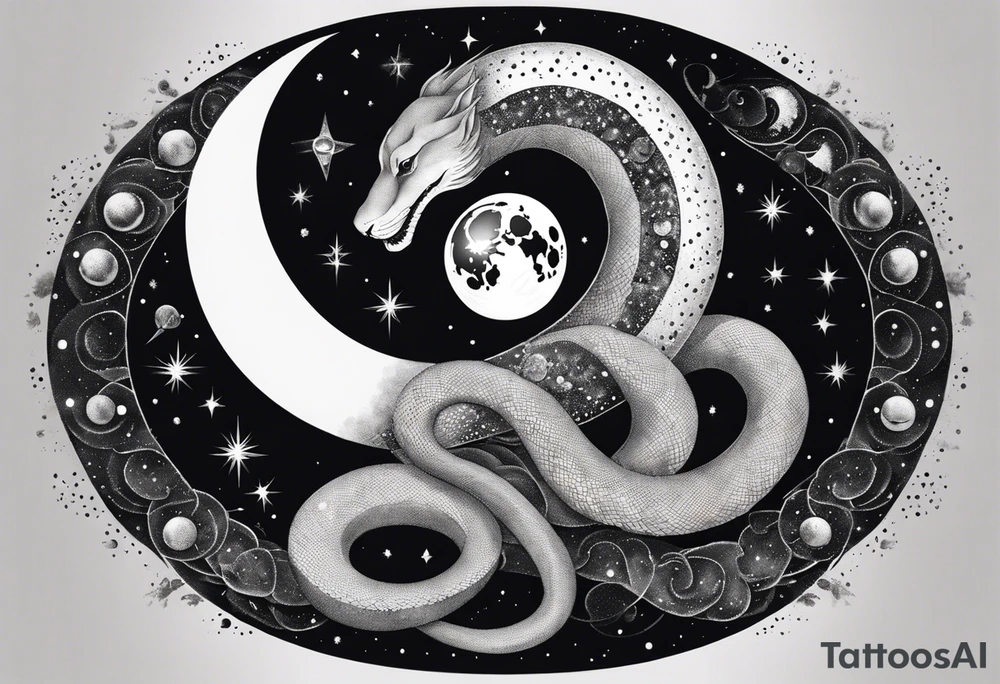 Snake wrapping around the moon phases and hades and persphone constellations with wind and snow blowing around it tattoo idea