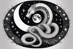 Snake wrapping around the moon phases and hades and persphone constellations with wind and snow blowing around it tattoo idea