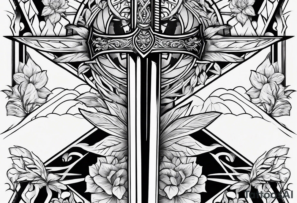 crossing sword with nature background tattoo idea
