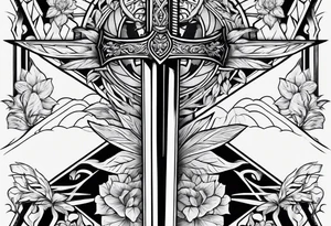 crossing sword with nature background tattoo idea