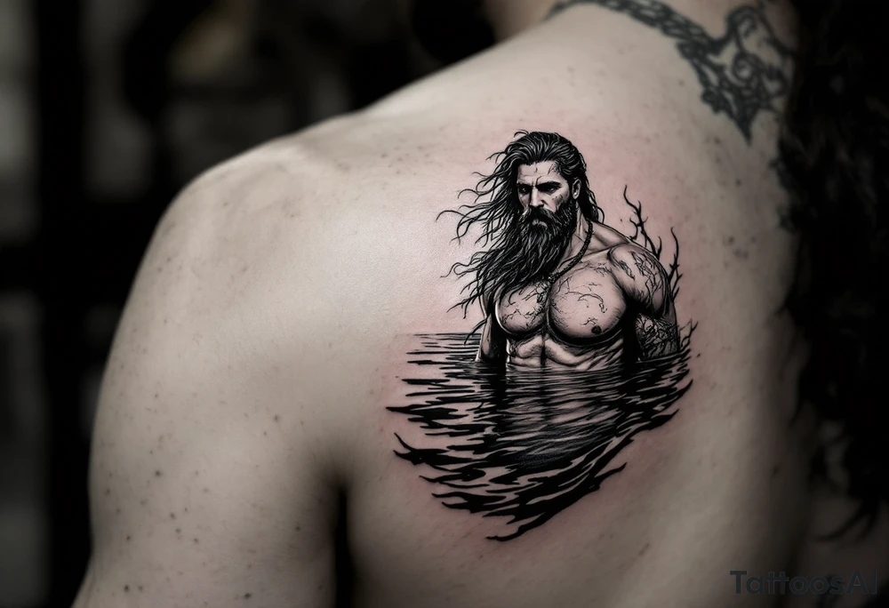 Poseidon half way under calm water at sunset tattoo idea