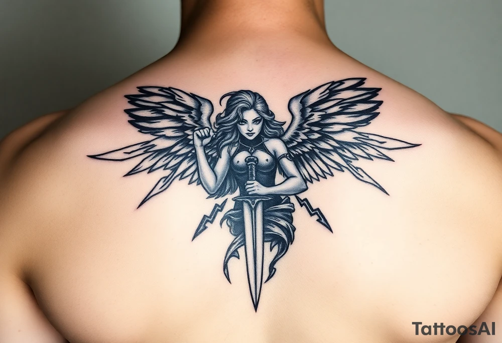 Fierce Female Angel warrior with dagger and lighting bolts going around body Greek mythology style with dark shading tattoo idea