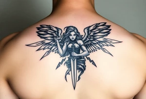Fierce Female Angel warrior with dagger and lighting bolts going around body Greek mythology style with dark shading tattoo idea