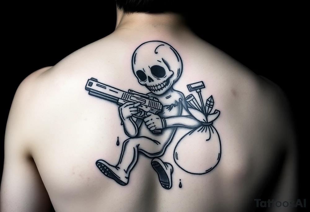 Scary Evil voodoo doll with a glock with a extended magazine and money bag full of cash tattoo idea