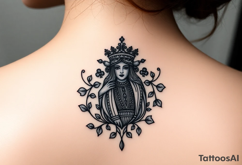 Queen of spades with powerful crown surrounded by ivy tattoo idea