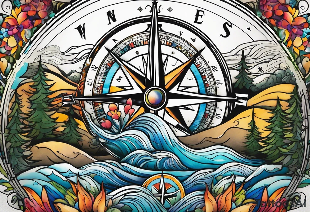 vintage compass with river falling over it tattoo idea