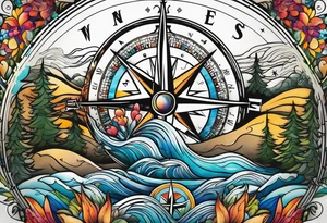 vintage compass with river falling over it tattoo idea