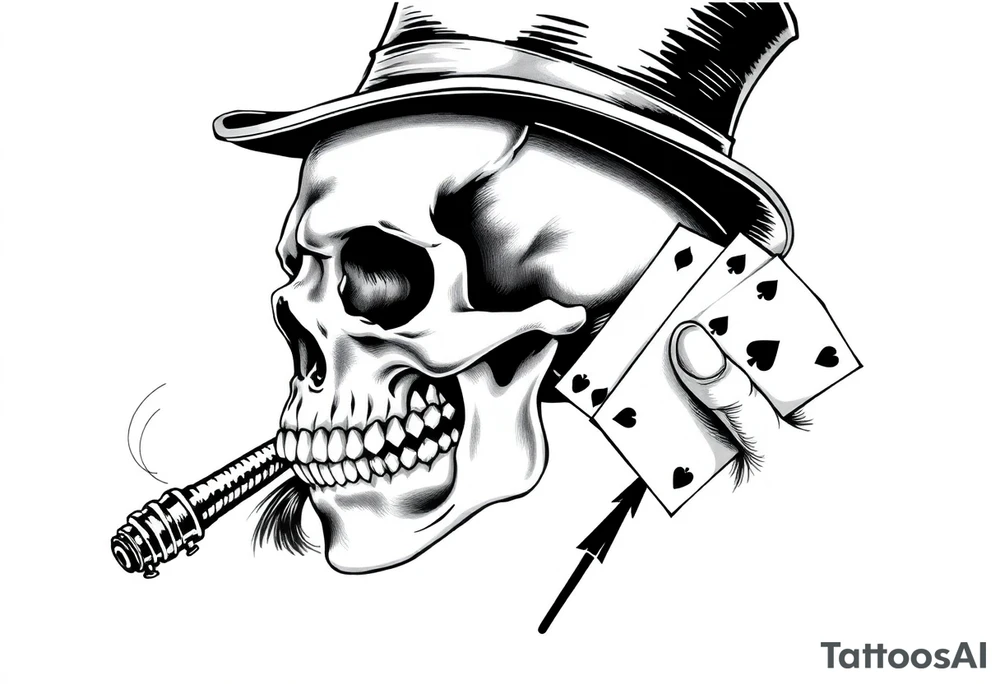 a skull with mustache,top-hat, cigar in his mouth and playing cards in a hand. tattoo idea