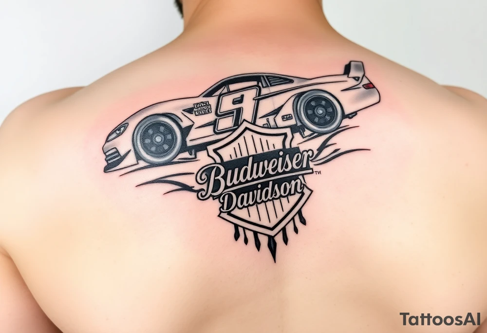 An arm tattoo with the original Dale Earnhardt car on it with the year 1958-2021 intertwined with a Harley-Davidson with a Budweiser logo on it tattoo idea