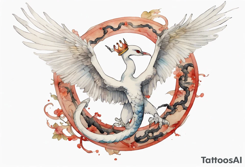 a watercolor of a white bird-serpent hybrid wearing an iron crown, flying tattoo idea