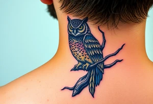 wise owl perched on ancient oak branch under starlit sky tattoo idea