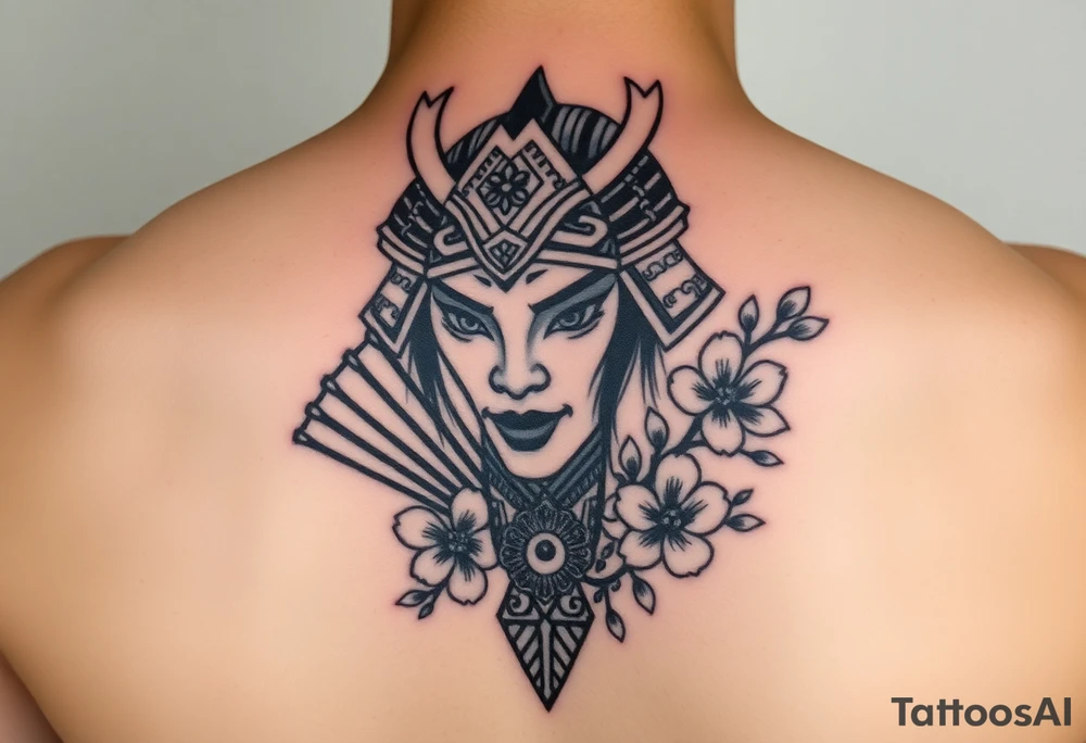 Samurai Asian face warrior
 with a fan across her face with cherry blossom tattoo idea