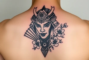 Samurai Asian face warrior
 with a fan across her face with cherry blossom tattoo idea