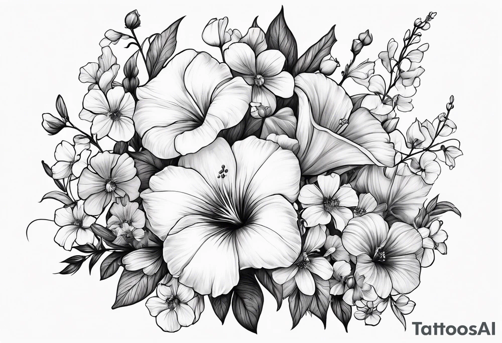 a vertical flower bouquet including sweet pea, larkspur, morning glory and cosmos tattoo idea