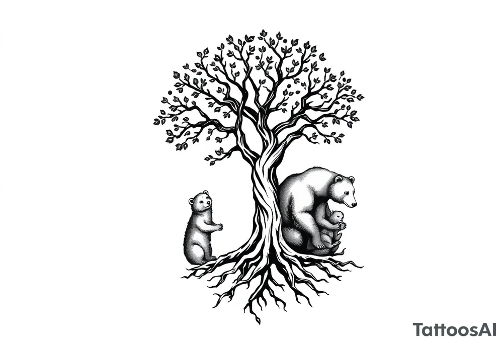 Tree of life with roots and a mother bear with her cub tattoo idea