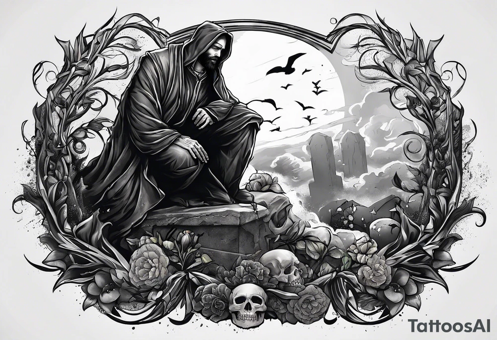 Man emerging from grave. 
MIW Reincarnate written on gravestone tattoo idea