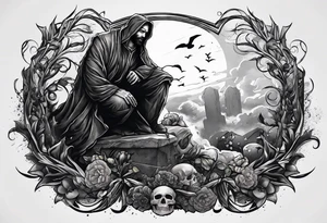Man emerging from grave. 
MIW Reincarnate written on gravestone tattoo idea