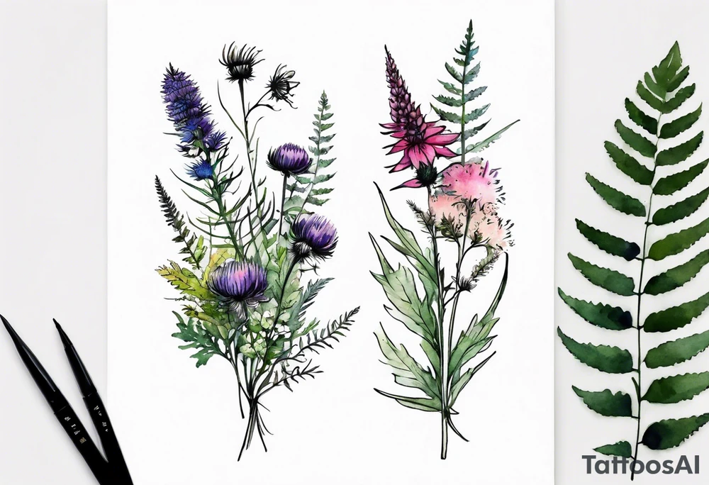 small vertical mixed wildflower bouquet with ferns, thistle and with watercolor tattoo idea