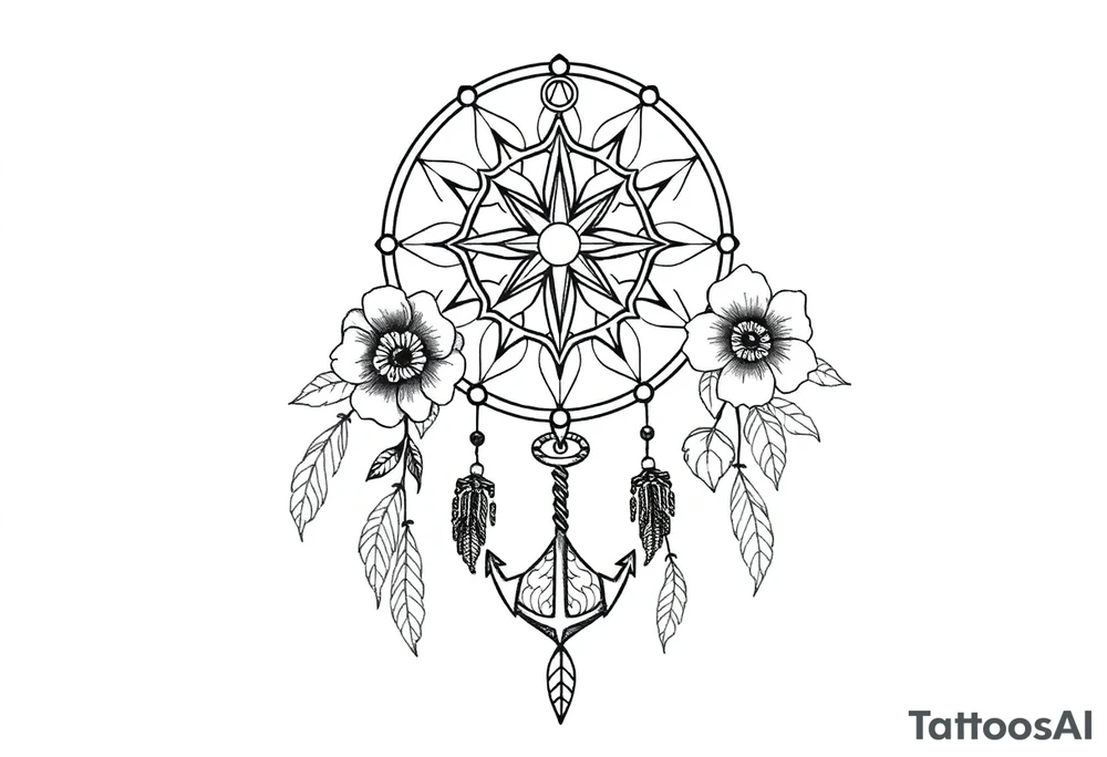 Boho dream catcher with compass and anchor Beautiful flowers and an ornamental chandelier like look tattoo idea
