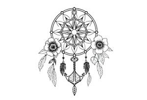 Boho dream catcher with compass and anchor Beautiful flowers and an ornamental chandelier like look tattoo idea