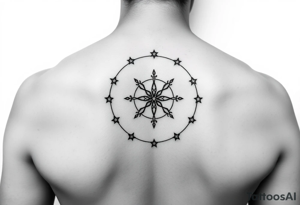 Simple Enso circle between shoulder blades

Stars for family (mum, dad, Dan, anders, Sofie, Ida, vibe, Laura, sue, Nick)

Other symbol for friends (Gul, Caspar, therese, Aimee, Tao, piers, Miranda, Caroline, Liv, Helen, Caroline, Nicky, Dave, Sarah) tattoo idea
