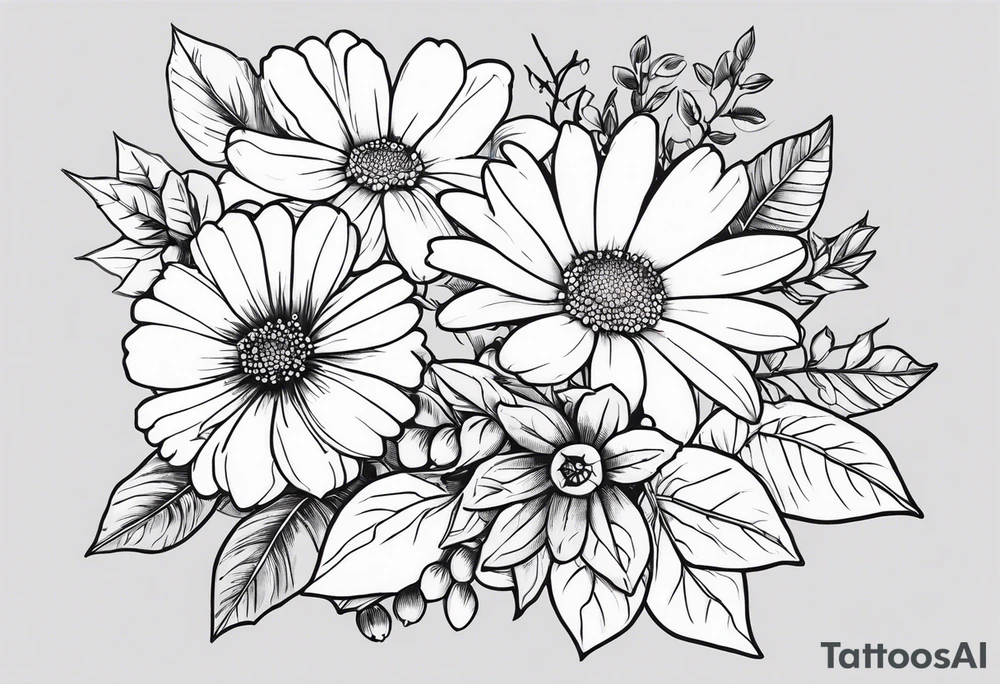 Daisy, rose, holly flower bouquet tattoo idea