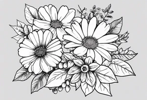 Daisy, rose, holly flower bouquet tattoo idea