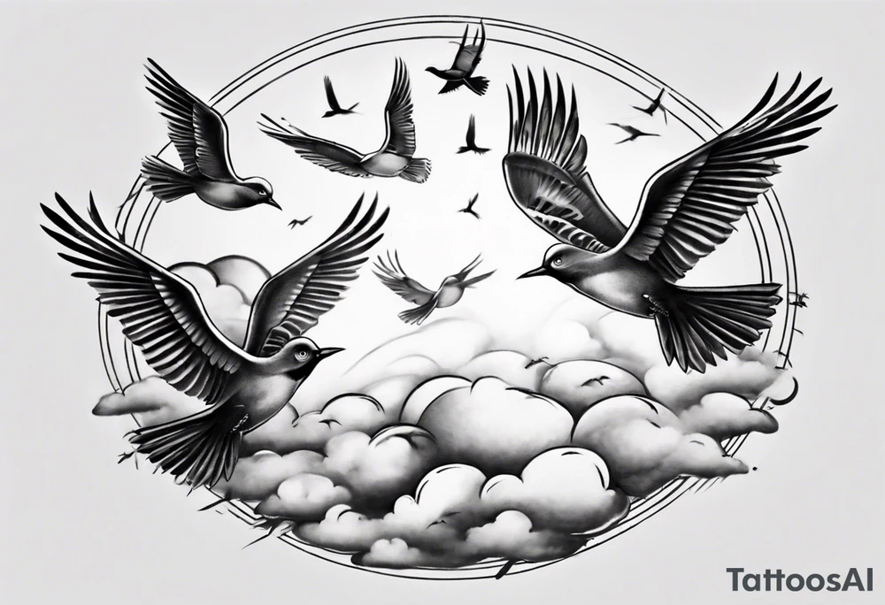 shoulder tattoo with light rays with birds flying free among the clouds, round shape, 3d effect tattoo idea shoulder tattoo with light rays with birds flying free among the clouds, round shape, 3d effect tattoo idea