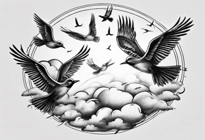 shoulder tattoo with light rays with birds flying free among the clouds, round shape, 3d effect tattoo idea