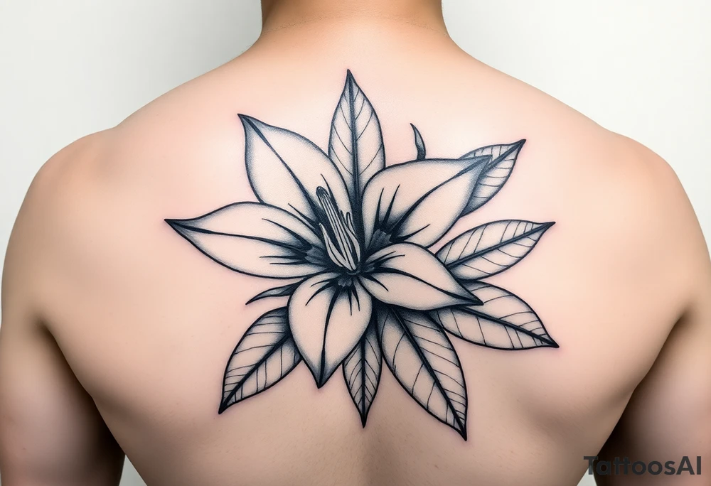 Beautiful cohesive mixture of the following: sampugita flower, anahaw (Livistona rotundifolia), ylang ylang tattoo idea