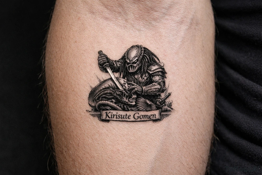 predator killing alien with the kirisute gomen below tattoo idea