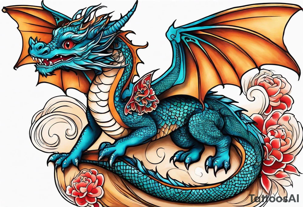 baby dragon with guitar tattoo idea
