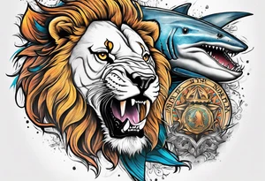 Lion shark mix back tattoo with the words “independent from birth” tattoo idea