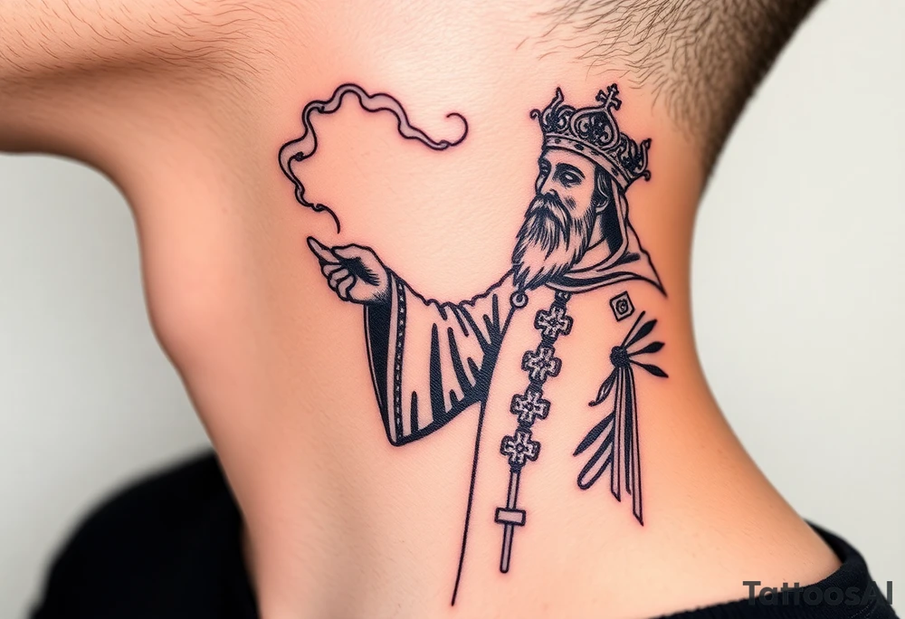 Russian Orthodox Priest in a fully detailed gold vestment swinging a censer with smoke curling upward tattoo idea
