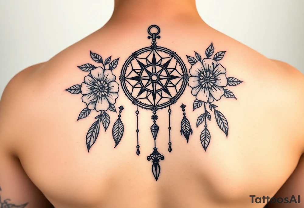 Boho dream catcher with compass and anchor Beautiful flowers and an ornamental chandelier like look tattoo idea