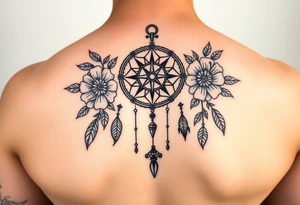 Boho dream catcher with compass and anchor Beautiful flowers and an ornamental chandelier like look tattoo idea