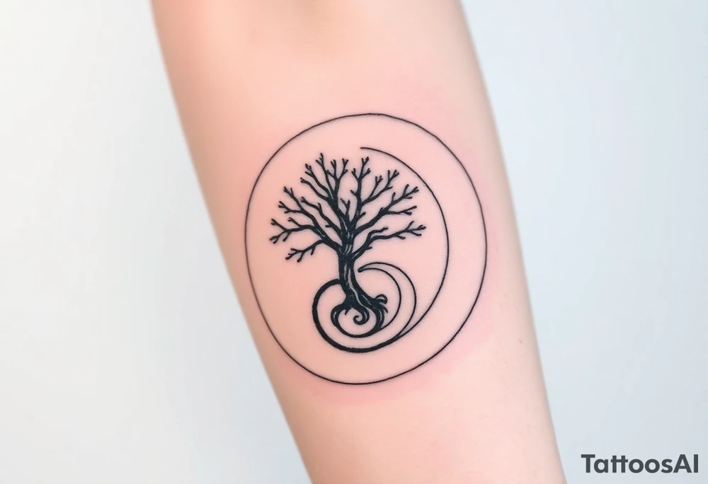 Tree encircled in a spiral circle coming from the center of the tree tattoo idea