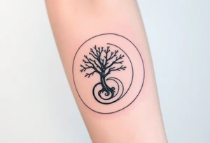 Tree encircled in a spiral circle coming from the center of the tree tattoo idea
