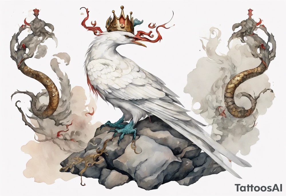 a watercolor of a white bird-serpent hybrid wearing an iron crown, perched upon a stone tattoo idea