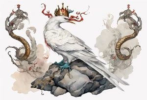 a watercolor of a white bird-serpent hybrid wearing an iron crown, perched upon a stone tattoo idea