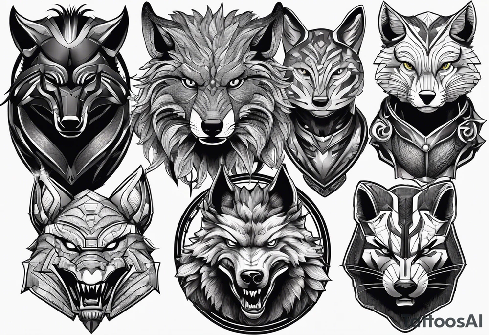 a super hero team which is combination of animals.
One is Badger/Wolverine, One is Bull, One is Wolf, One is Axolotl, One is Canary, One is Lizard, One is Cat tattoo idea