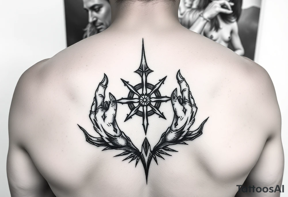 Tatuaż nad klatka piersiową, dwa kruki,  pomiędzy nimi islandzkie symbole, Mroczny tatuaż tattoo idea