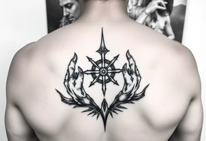 Tatuaż nad klatka piersiową, dwa kruki,  pomiędzy nimi islandzkie symbole, Mroczny tatuaż tattoo idea