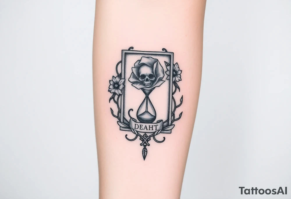 Death tarot card surrounded by a flower and hour glass tattoo idea