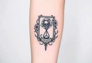 Death tarot card surrounded by a flower and hour glass tattoo idea