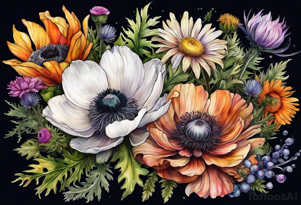 one white anemone with black center in the middle of mixed colorful wildflowers all with different shapes including thistles, ferns, ranuculus, and sun flowers all in watercolor tattoo idea