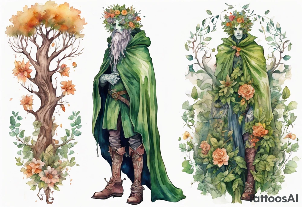 A tall, beautiful tree-man hybrid with flower hair and a cloak made of leaves. Wearing floral medieval boots. tattoo idea
