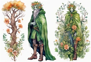 A tall, beautiful tree-man hybrid with flower hair and a cloak made of leaves. Wearing floral medieval boots. tattoo idea
