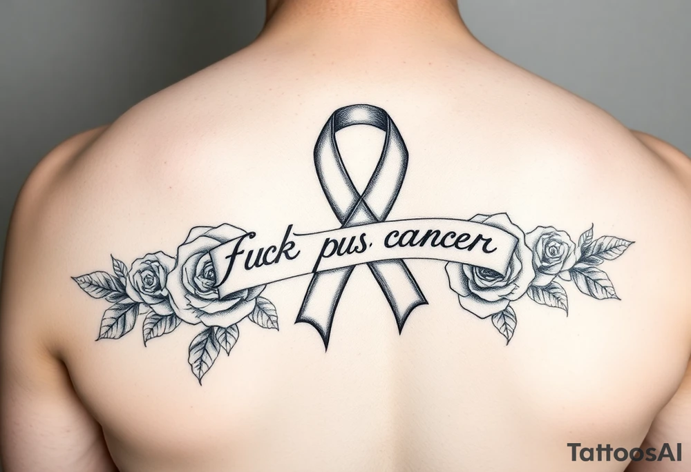 Cancer ribbon that says fuck cancer pretty with roses on arm tattoo idea