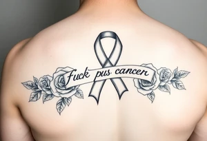 Cancer ribbon that says fuck cancer pretty with roses on arm tattoo idea